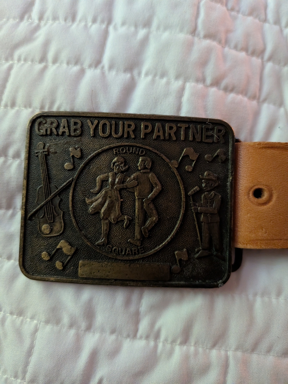 Grab Your Partner Brass Belt Buckle with Dixie Squares Leather Belt